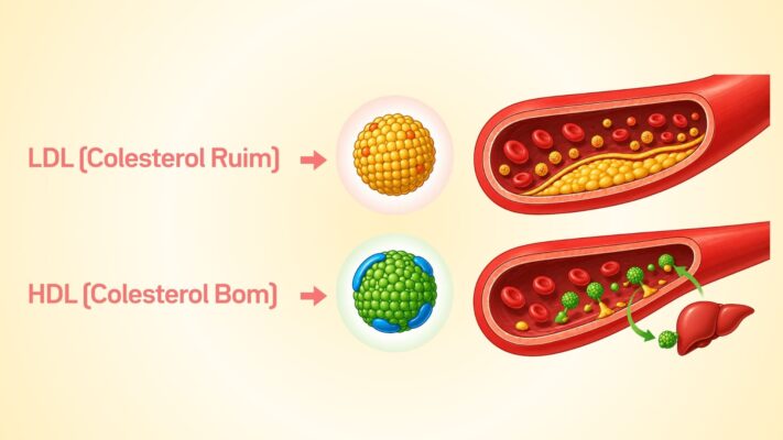 LDL (colesterol ruim) → pode se acumular nas paredes das artérias, favorecendo a formação de placas HDL (colesterol bom) → ajuda a remover o excesso de colesterol do sangue, contribuindo para a proteção cardiovascular