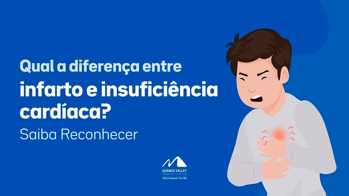 Ilustração de um homem com expressão de dor segurando o peito, ao lado do texto: Qual a diferença entre infarto e insuficiência cardíaca? Saiba Reconhecer.