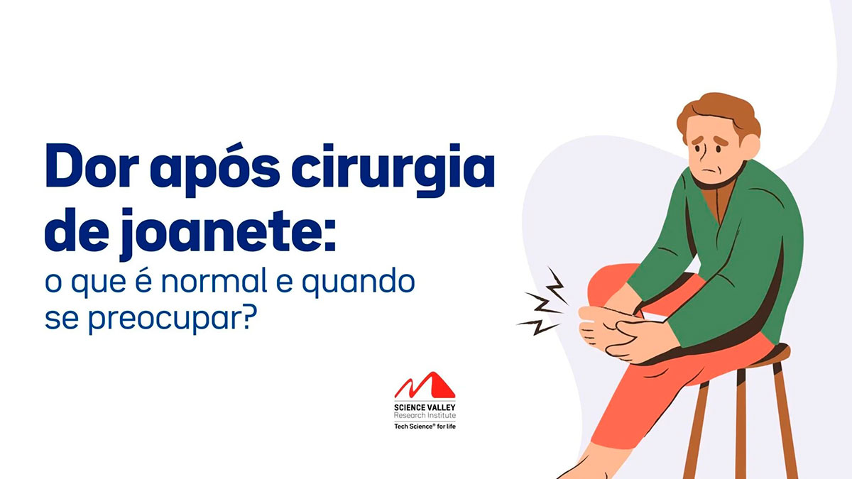 Ilustração de um homem sentado com dor no pé ao lado do texto: Dor após cirurgia de joanete: o que é normal e quando se preocupar?
