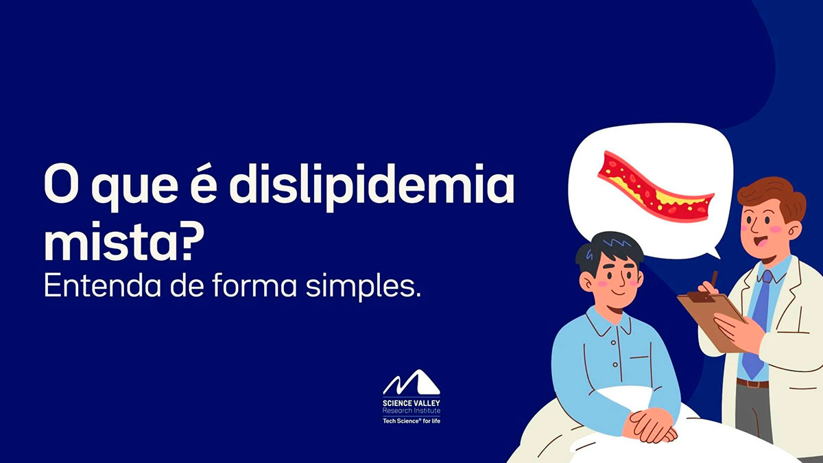 Ilustração de um médico explicando para um paciente sobre o acúmulo de gordura em uma artéria, ao lado do texto: O que é dislipidemia mista? Entenda de forma simples.
